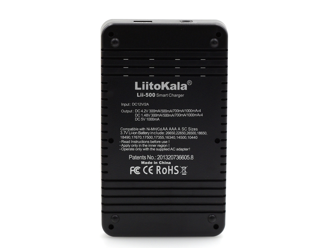 Carregador Liitokala Lii 500, 4 Slots, Baterias Li-ion 3.7V/ NiMH 1.2V, LCD, Proteções