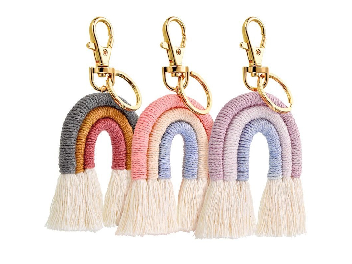 2026 3 Portachaves Arco íris Macramé Tecidos com Borla para Mulher Linjou, Portachaves de Moda para Decoração