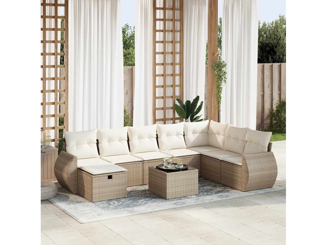Vidaxl 9 Pcs Conjunto De Sofás P/ Jardim Com Almofadões Vime Pe Bege
