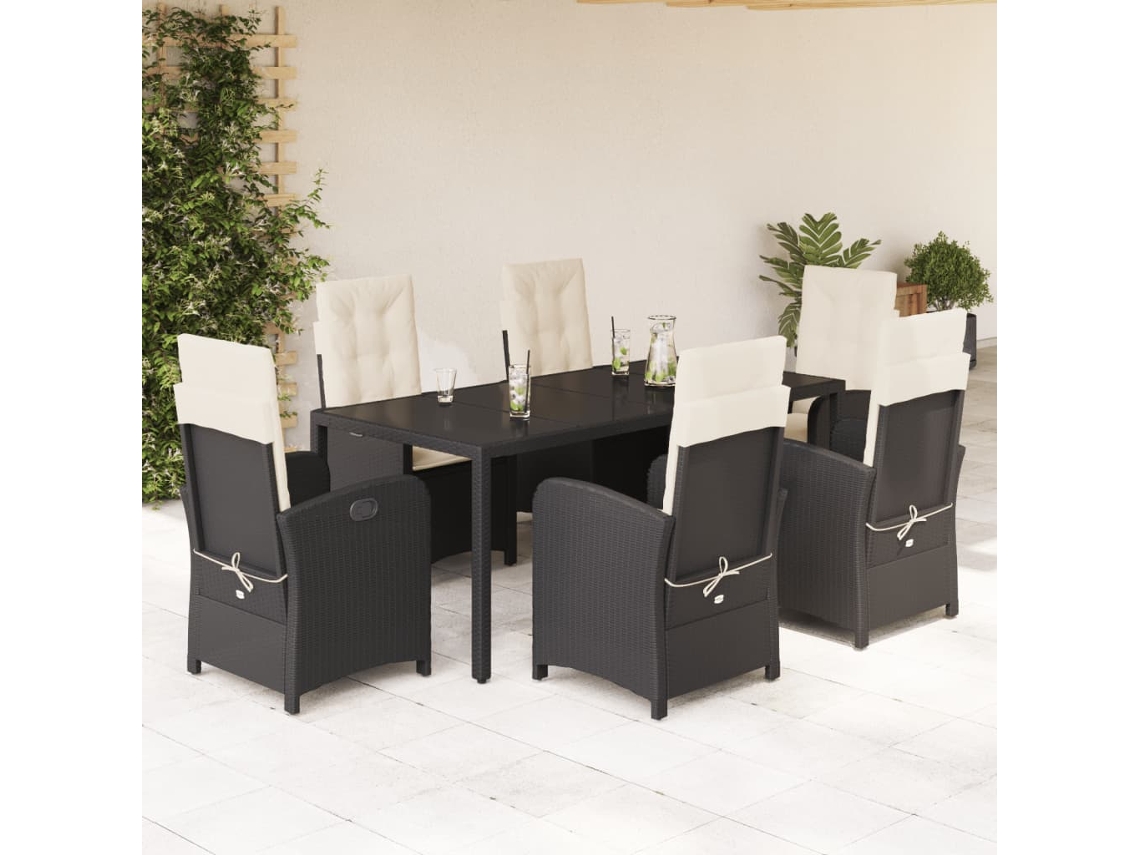 Conjunto 7 Peças Jantar P/ Jardim C/ Almofadões Vime Pe Preto Dkd Home Decor