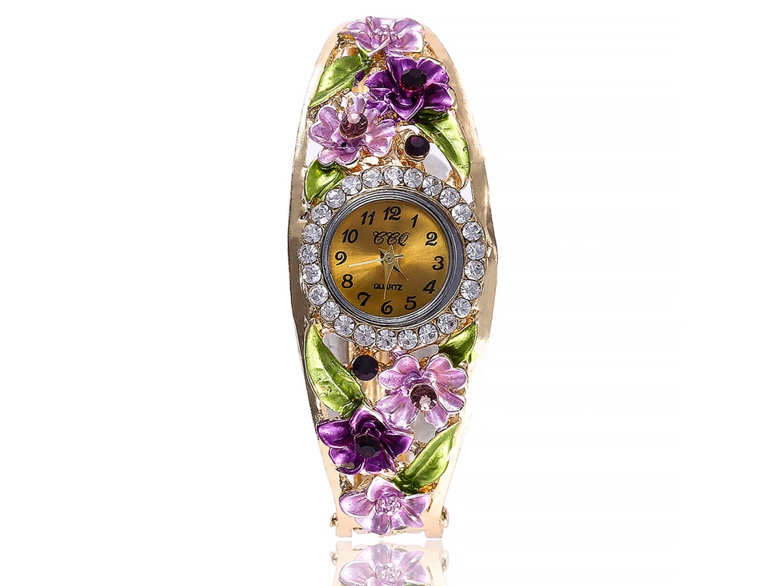 Relógio de Pulso Feminino Ccq com Strass Floral Mostrador Redondo Quartz Roxo