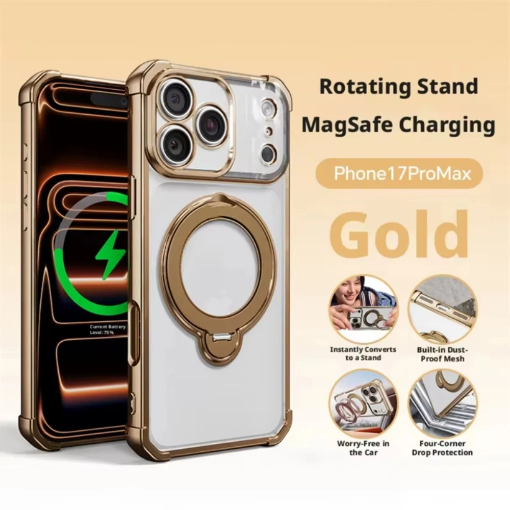 Capa Para Celular Com Suporte (iphone 13 Pro Dourado), Compatível Com Interface Magnética, Resistente A Choques E Quedas.