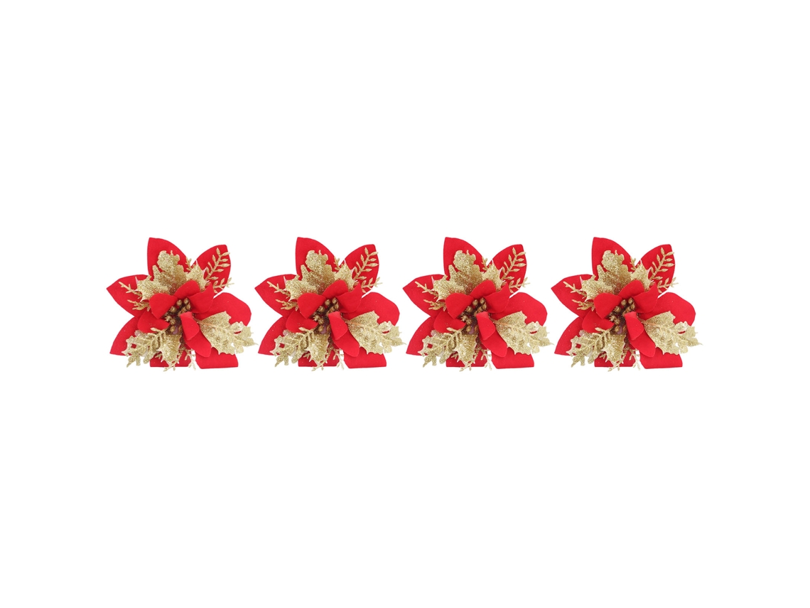 4 flores artificiais de natal de poinétia vermelha dourada com glitter S/MARCA