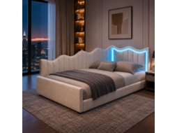 Cama Banco 90x200 Cm Com Baú De Arrumação Hidráulico, Cabeceira Ondulada, Faixa Led Multicolor Controlada Por Comando, Veludo Bege, Sem Colchão