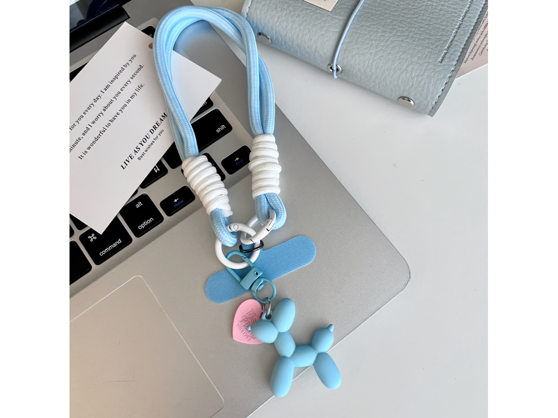 Pulseira Para Celular Com Cordão Em Formato De Cachorro Com Balão Em Formato De Coração, Pulseira Fofa Para Celular Com Cordão Azul