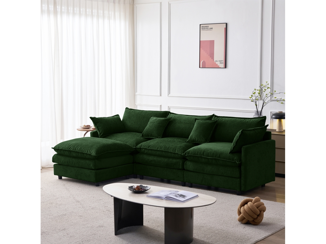 Sofá Canto Modular 3 Lugares Chenille, Chaise + Pufe, em L NOVELA