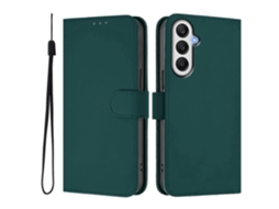 Capa Carteira De Couro Para Samsung Galaxy S24 Fe, Cor Sólida, Com Alça, Verde Escuro