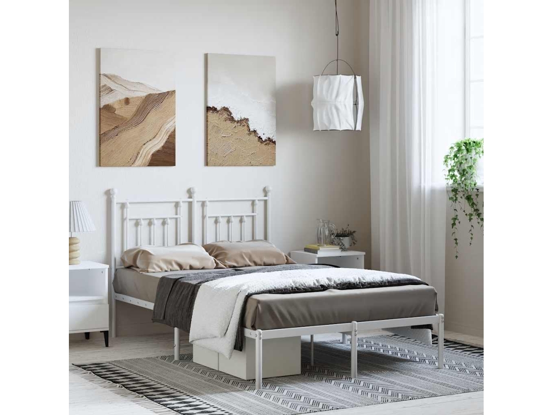 Vidaxl Estrutura De Cama Com Cabeceira 135x190 Cm Metal Branco