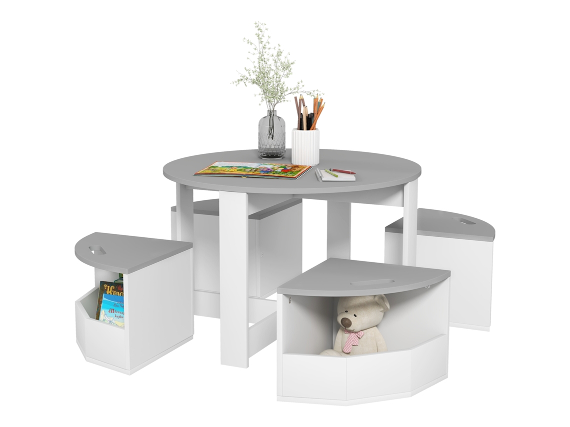 Conjunto de Mesa Infantil e 4 Banquetas Compactas com Espaço de Armazenamento em Madeira, Cinza CHEZMOI