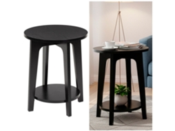 Balcão De Chá Preto, Com 40 Cm De Diâmetro, Em Formato Circular. Possui Uma Prateleira