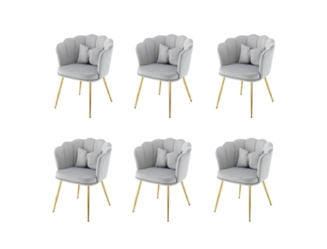 Conjunto De 6 Cadeiras Em Veludo Com Encosto Em Forma De Pétala Pés Em Metal Dourado Cinza Estilo