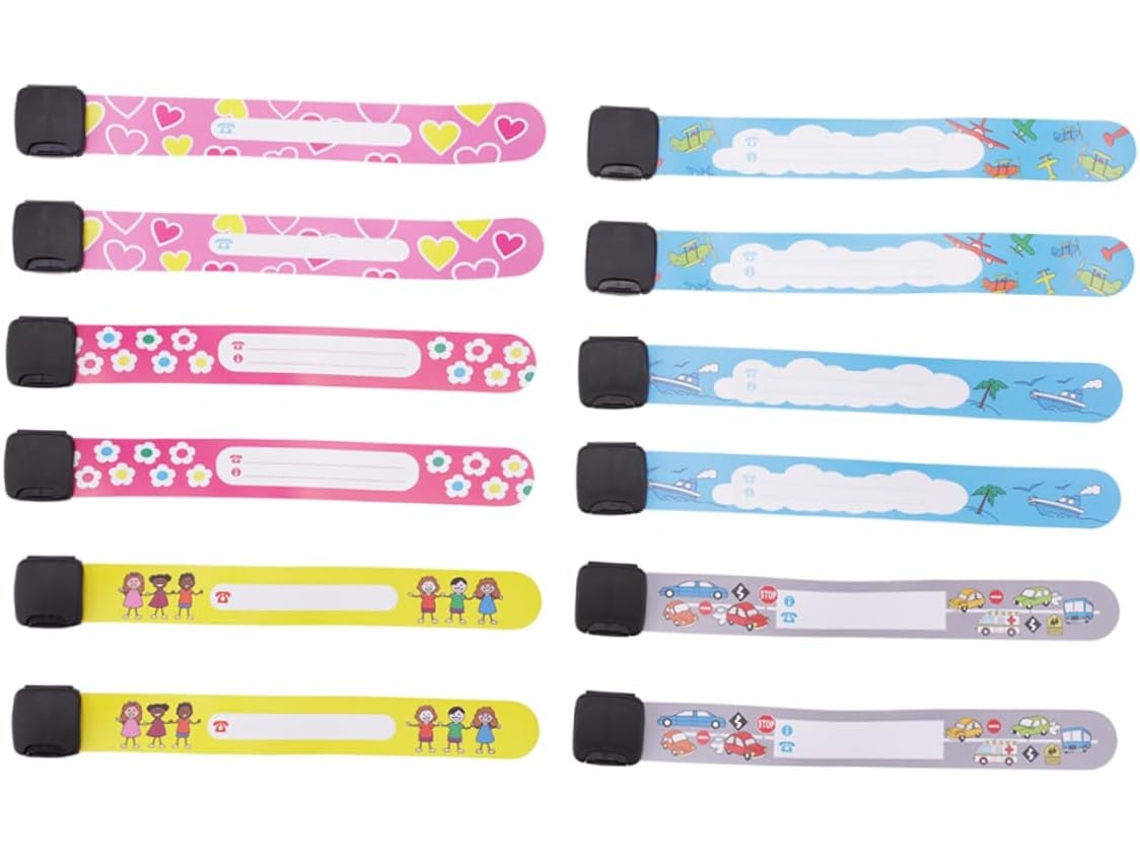 Pulseira infantil anti-perda em PVC, pacote com 12 unidades, desenhos animados.