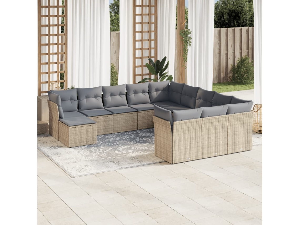 Vidaxl 12 Pcs Conjunto De Sofás P/ Jardim Com Almofadões Vime Pe Bege