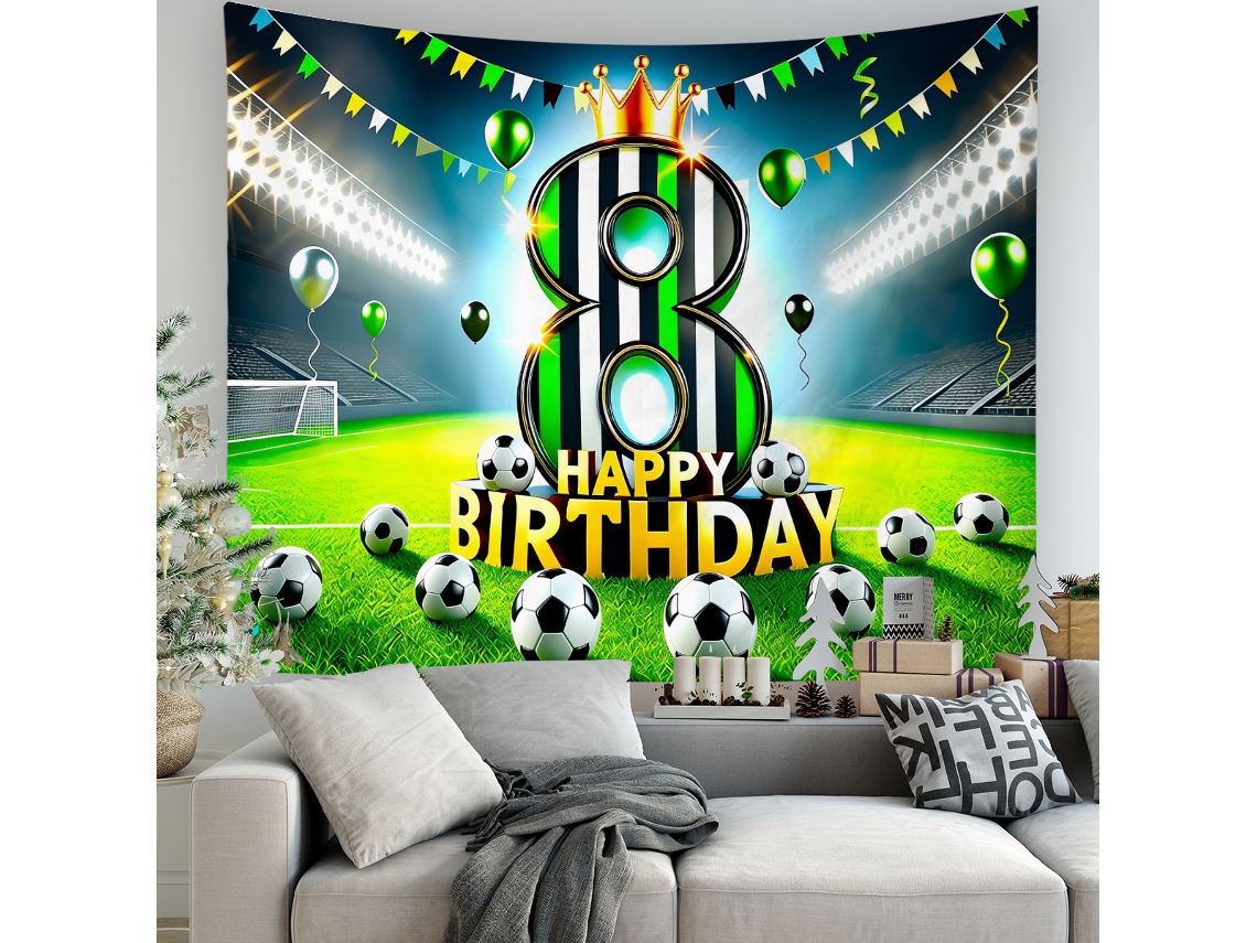 Tapeçaria Parede Decoração Aniversário 8 Anos Futebol Estádio, Tapete Decorativo 180x230cm Fundo de Festa Criança Adepto Bola de Futebol STELASPLEN