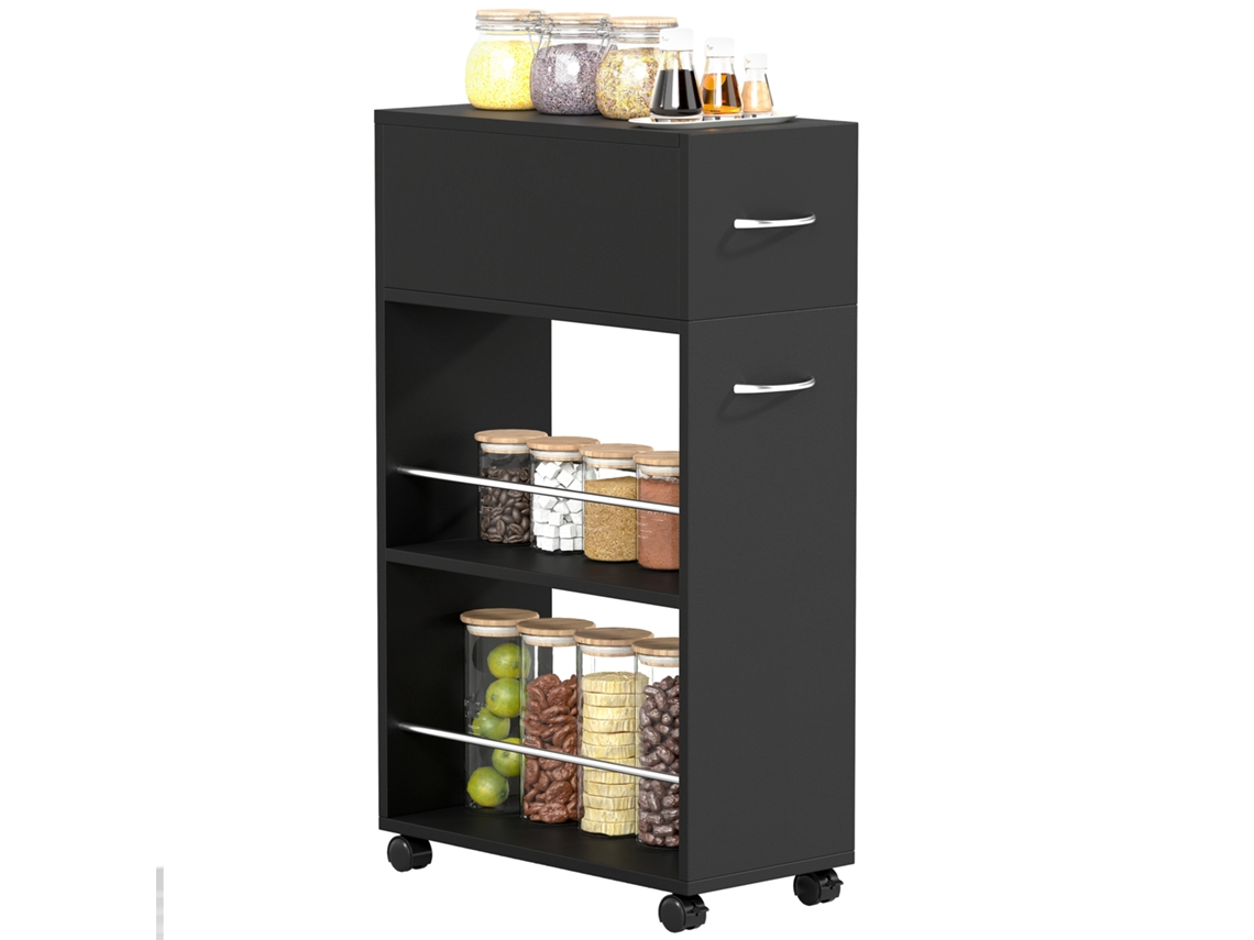 Carrinho de Cozinha Sobre Rodas com 1 Gaveta e 2 Prateleiras Abertas para Sala de Jantar, 25 X 50 X 85 Cm Preto