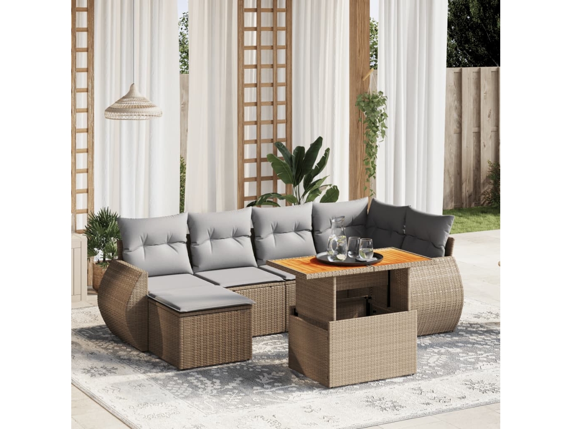 Vidaxl 7 Pcs Conjunto De Sofás P/ Jardim Com Almofadões Vime Pe Bege