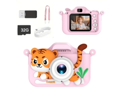 Mini Tiger Kids Camera 1080p Hd Câmeras Duplas Tela Ips De 2,0 Polegadas 32g Rosa Brilvibera