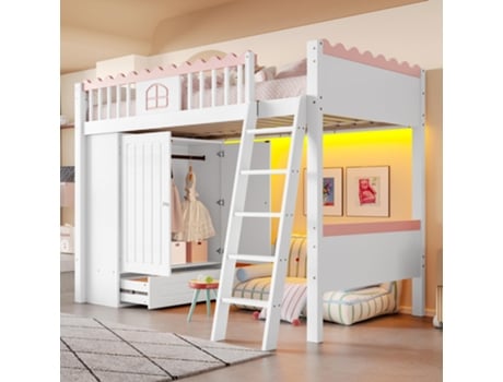 Beliche 90x200 Cama Infantil Menina Cama Juvenil Roupeiro Gavetas Estrutura De Cama Led Estrado Madeira De Pinho Certificado En747 Branco Flieks