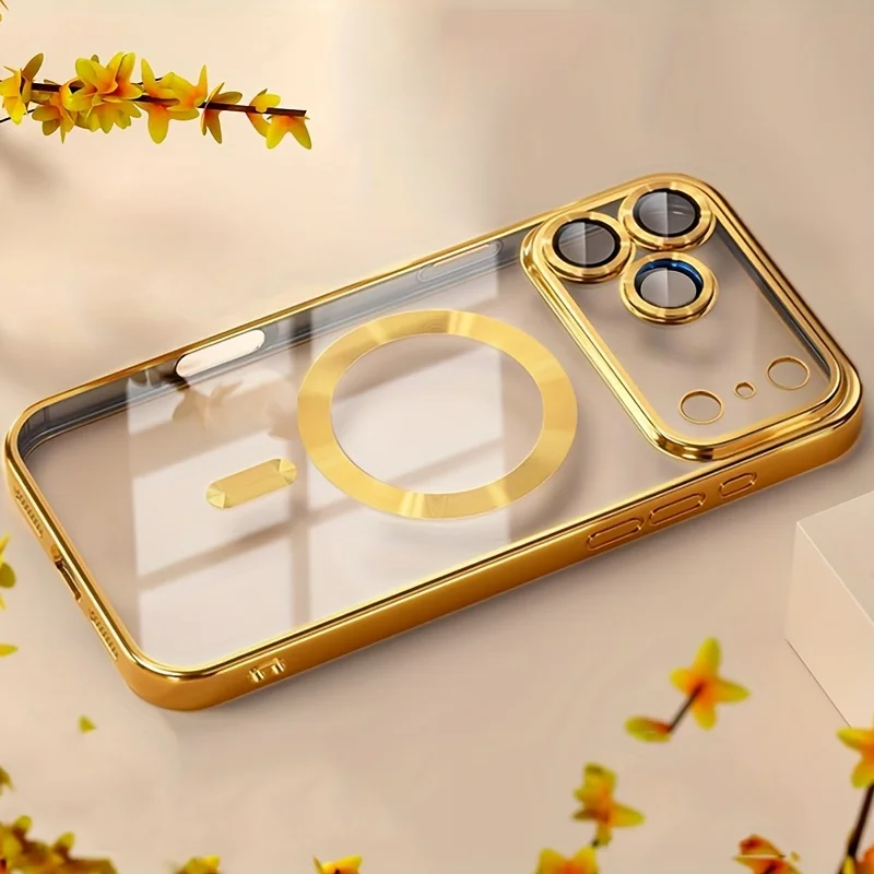 Capa Transparente Magnética Magsafe Para Iphone 16e (dourada), Com Proteção Para A Lente E Revestimento Eletroplástico.