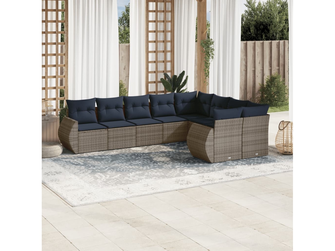 Vidaxl Conjunto De Sofá De Jardim De 9 Peças Com Almofadas Em Rattan Sintético Cinza