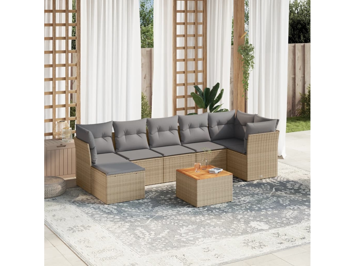 Vidaxl 8 Pcs Conjunto De Sofás P/ Jardim Com Almofadões Vime Pe Bege
