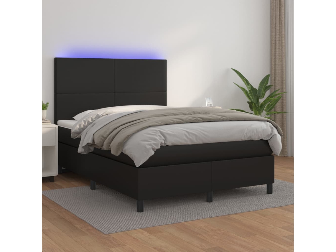 Cama Box Spring C/ Colchão/led 140x190cm Couro Artificial Preto