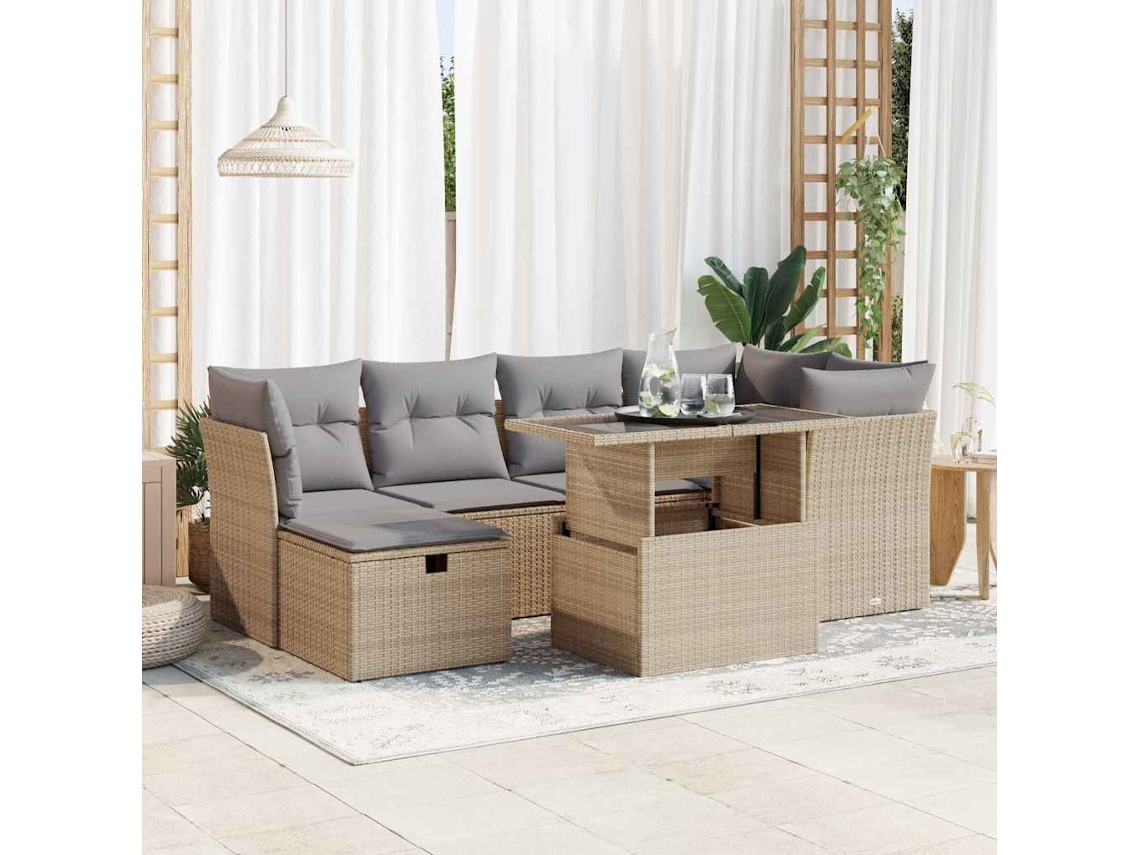 Vidaxl 7 Pcs Conjunto De Sofás P/ Jardim Com Almofadões Vime Pe Bege