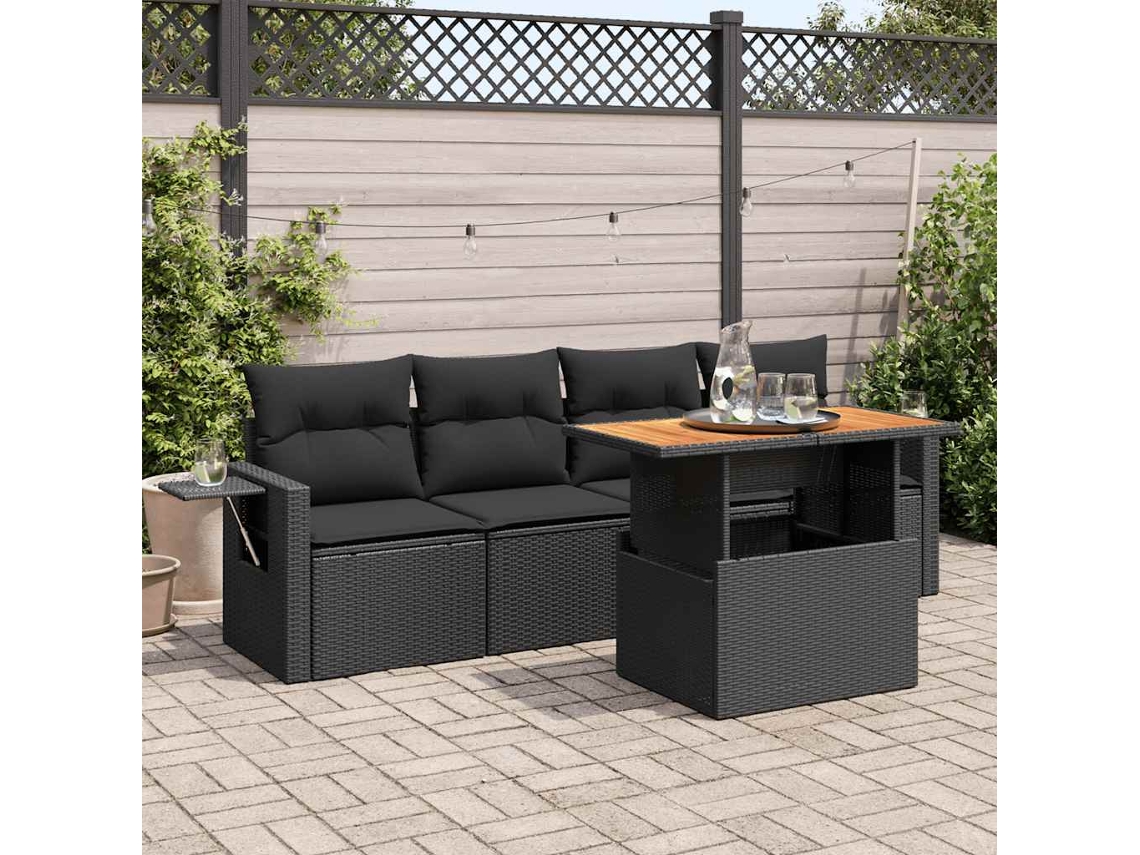 Vidaxl 5 Pcs Conjunto Sofás De Jardim Com Almofadões Vime Pe Preto