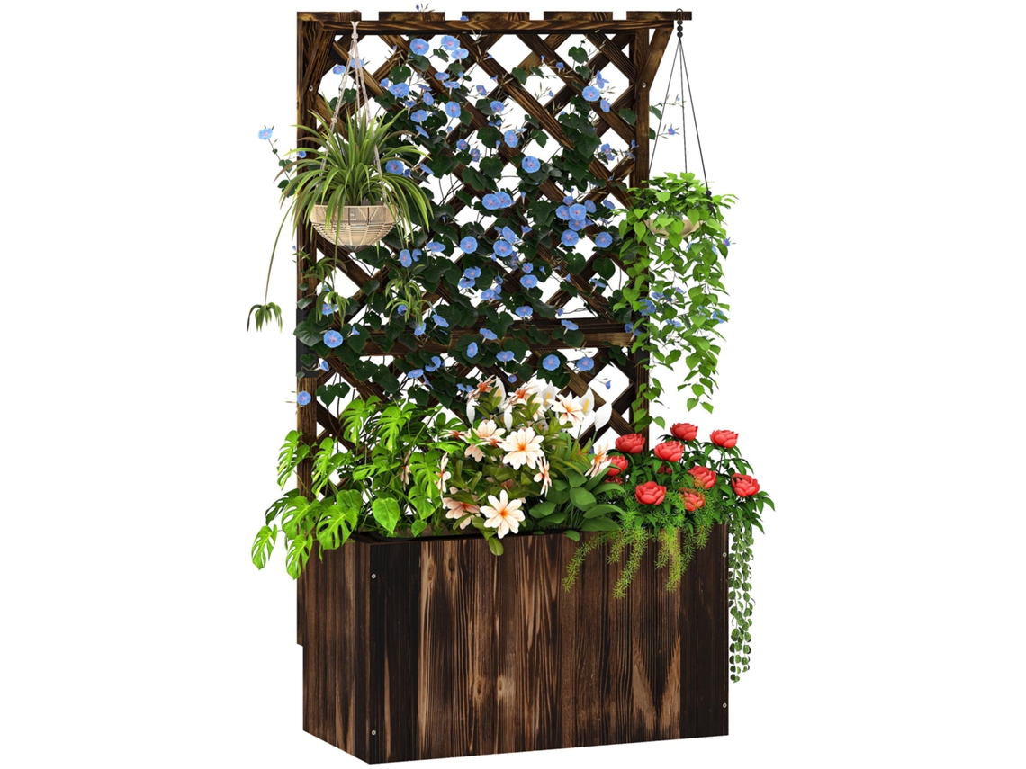 Vaso Elevado com Treliça, Vaso de Madeira, Treliça de Jardim 64 X 33 X 122 Cm Carbonizada