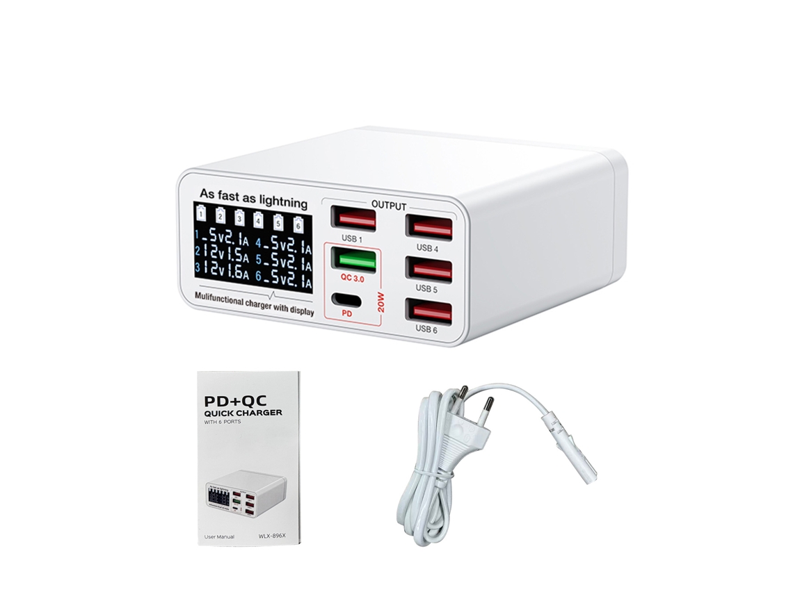 Carregador de Mesa EOOCOO (exibição Digital Inteligente de 6 Portas, Tensão Amplamente 110 240v)