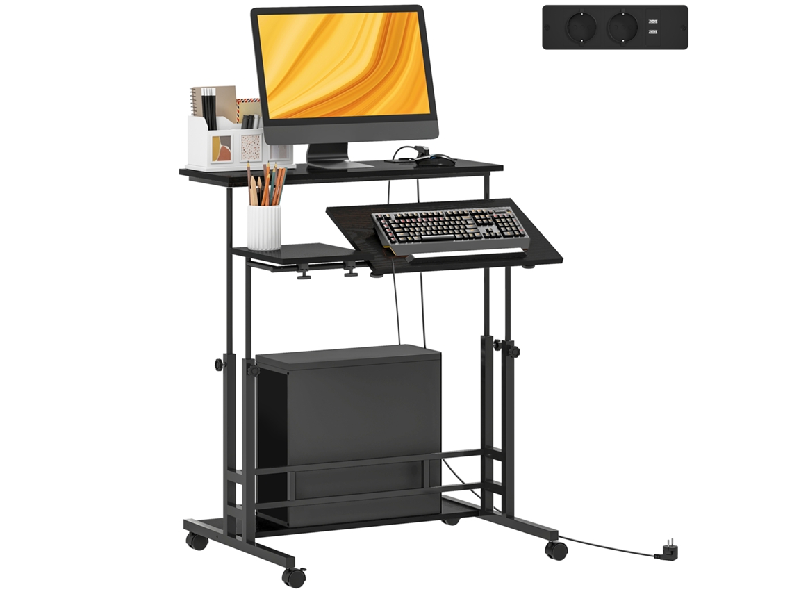 Secretária Elevatória com Rodas Tomadas e Entrada Usb Altura Ajustável e Painel Central Inclinado 80x60x59.5 95 Cm Preto Ge