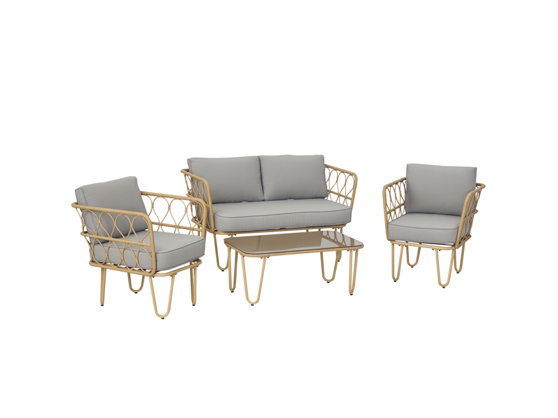 Salão de Jardim Estilo Boho de Rattan com Sofá 2 Lugares. 2 Poltronas e Mesa de Centro com Vidro Ge