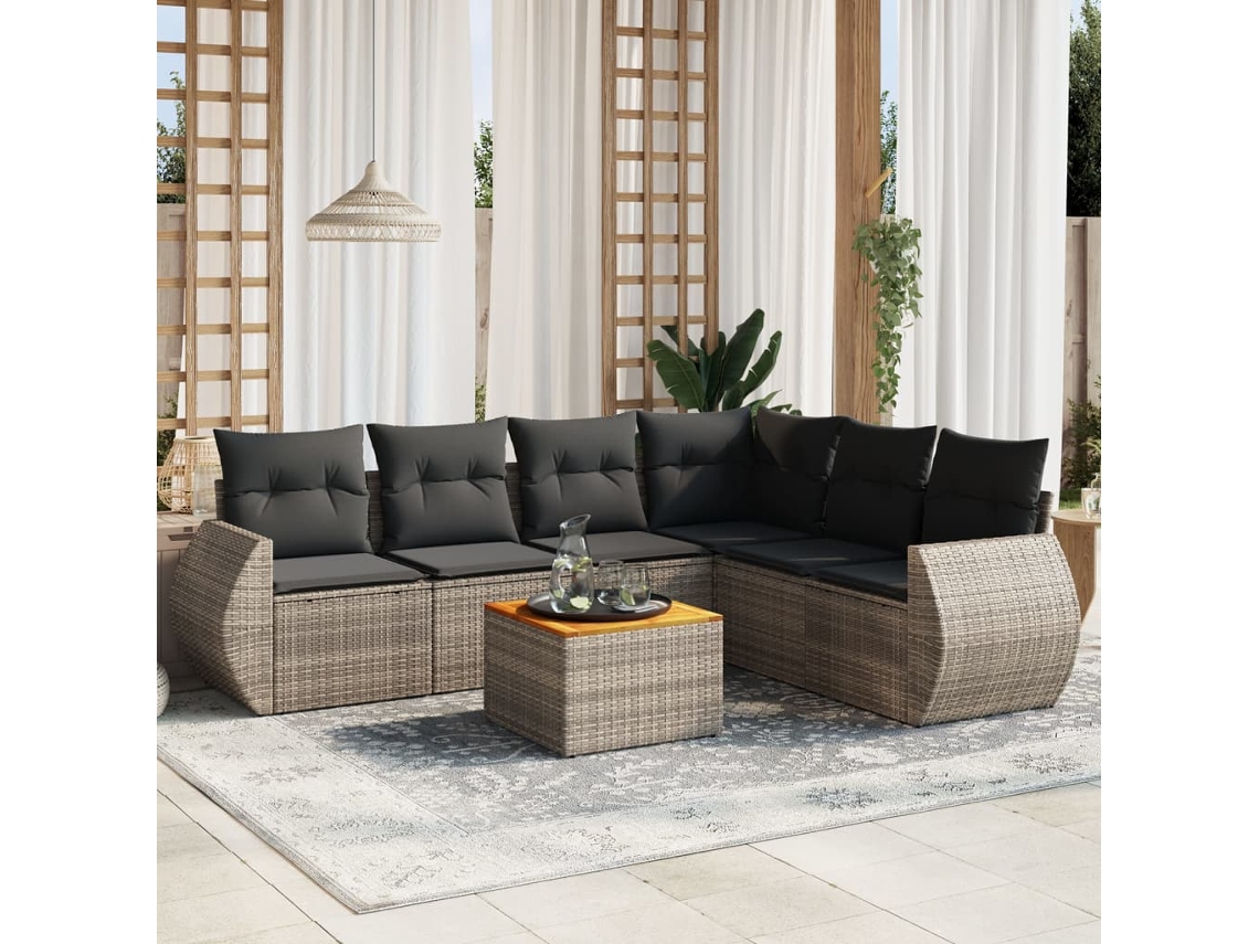 Vidaxl 7 Pcs Conjunto Sofás P/ Jardim C/ Almofadões Vime Pe Cinzento