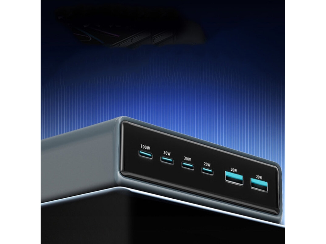 Gan Tech Carregador Usb De 200 W Com 6 Portas (4 Usb-c 2 Usb-a) - Esta??o De Carregamento Rápida Para Secretária Com Ficha Europeia