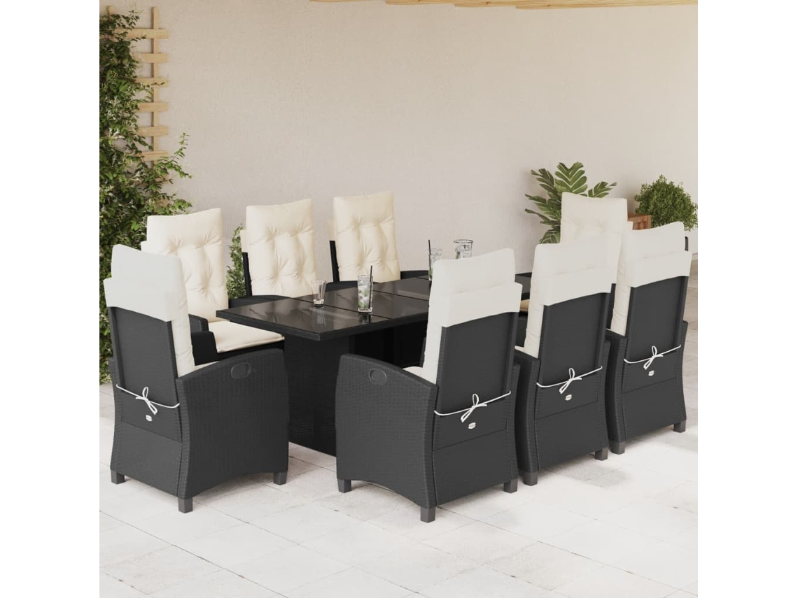 Vidaxl 9 Pcs Conjunto De Jantar P/ Jardim C/ Almofadões Vime Pe Preto