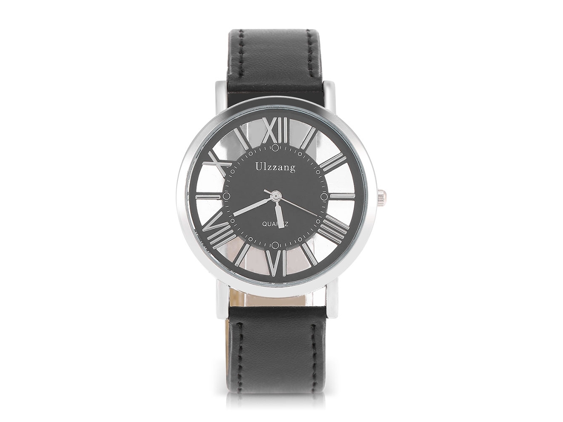 Relógio Analógico de Quartzo Feminino Ulzzang com Cinta de Pu e Esfera Oca (preto)