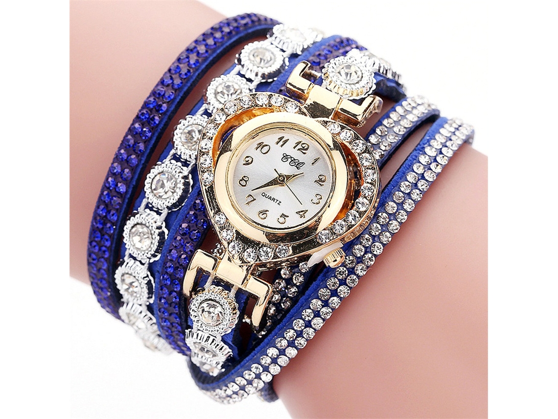 Relógio Pulseira Feminino Quartzo Coração com Strass Camadas Múltiplas Azul