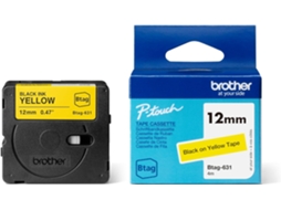 Brother Btag 631 Fita Adesiva Preta Sobre Amarela, 12 Mm de Largura, Sem Laminação Resistente Durável