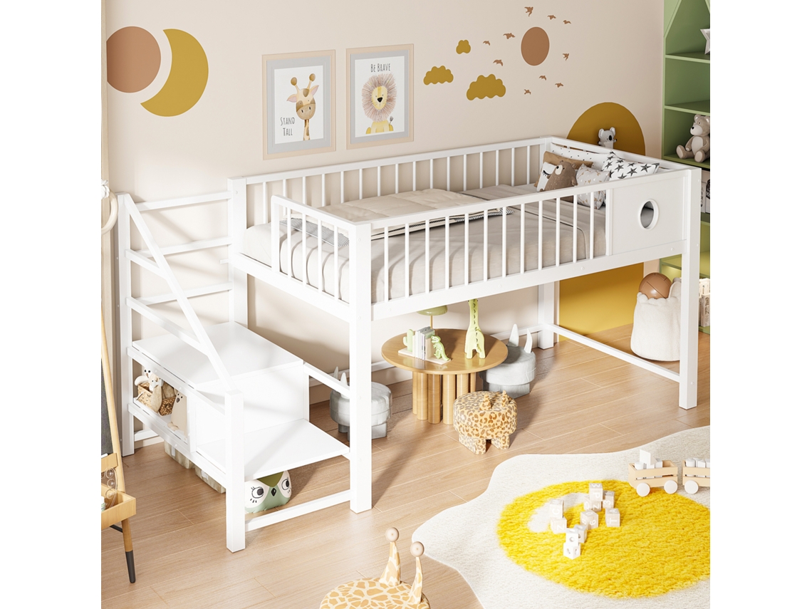 Cama Alta Para Crianças 90x200cm Com Escada De Armazenamento Estrutura Metal Branca