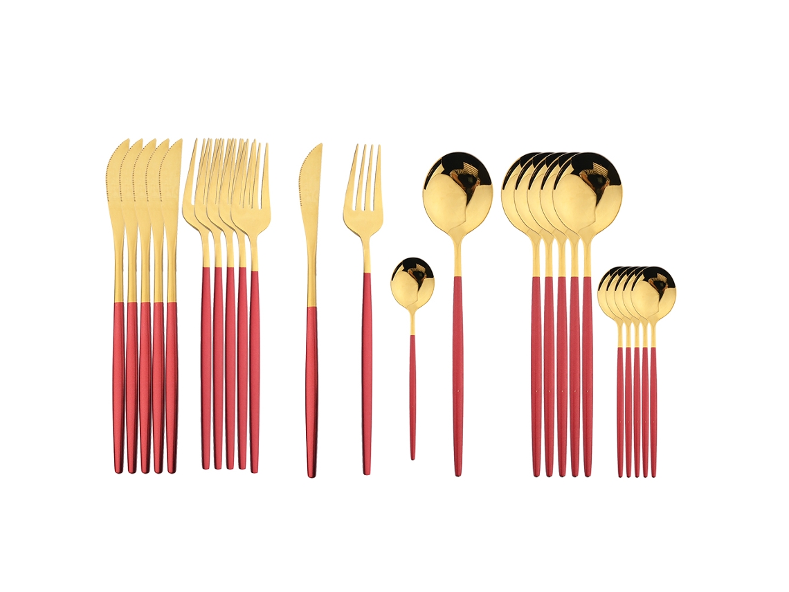 Conjunto de Talheres de Aço Inoxidável com 24 Peças, Incluindo Faca, Colher e Garfo. MDUG (vermelho e Dourado)