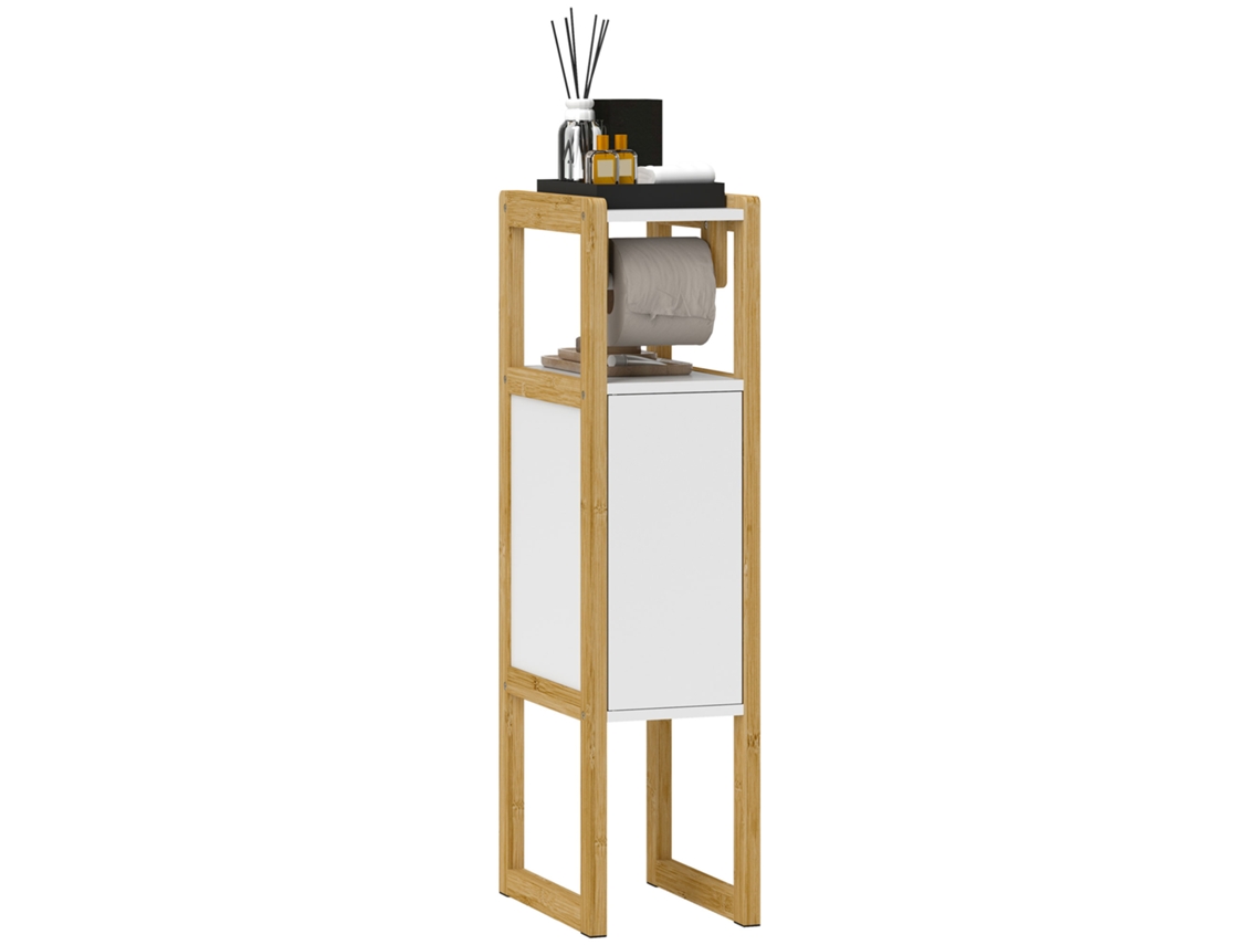 Armário De Banheiro Compacto Com Porta-papel Higiênico, Armário E Prateleira De Bambu, 20x33x80cm, Branco