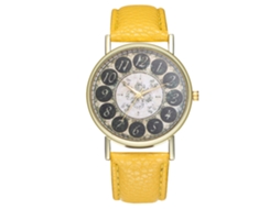 Relógio de pulso clássico analógico de quartzo com pulseira de PU para mulheres e homens (amarelo)