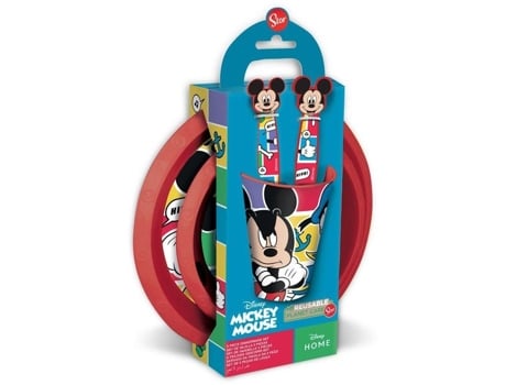 Cofre De Brinquedos Tataway Conjunto De 5 Peças Para Bebê Em Plástico Vermelho E Azul Disney, Pratos Mickey Mouse, Talheres Em Vidro