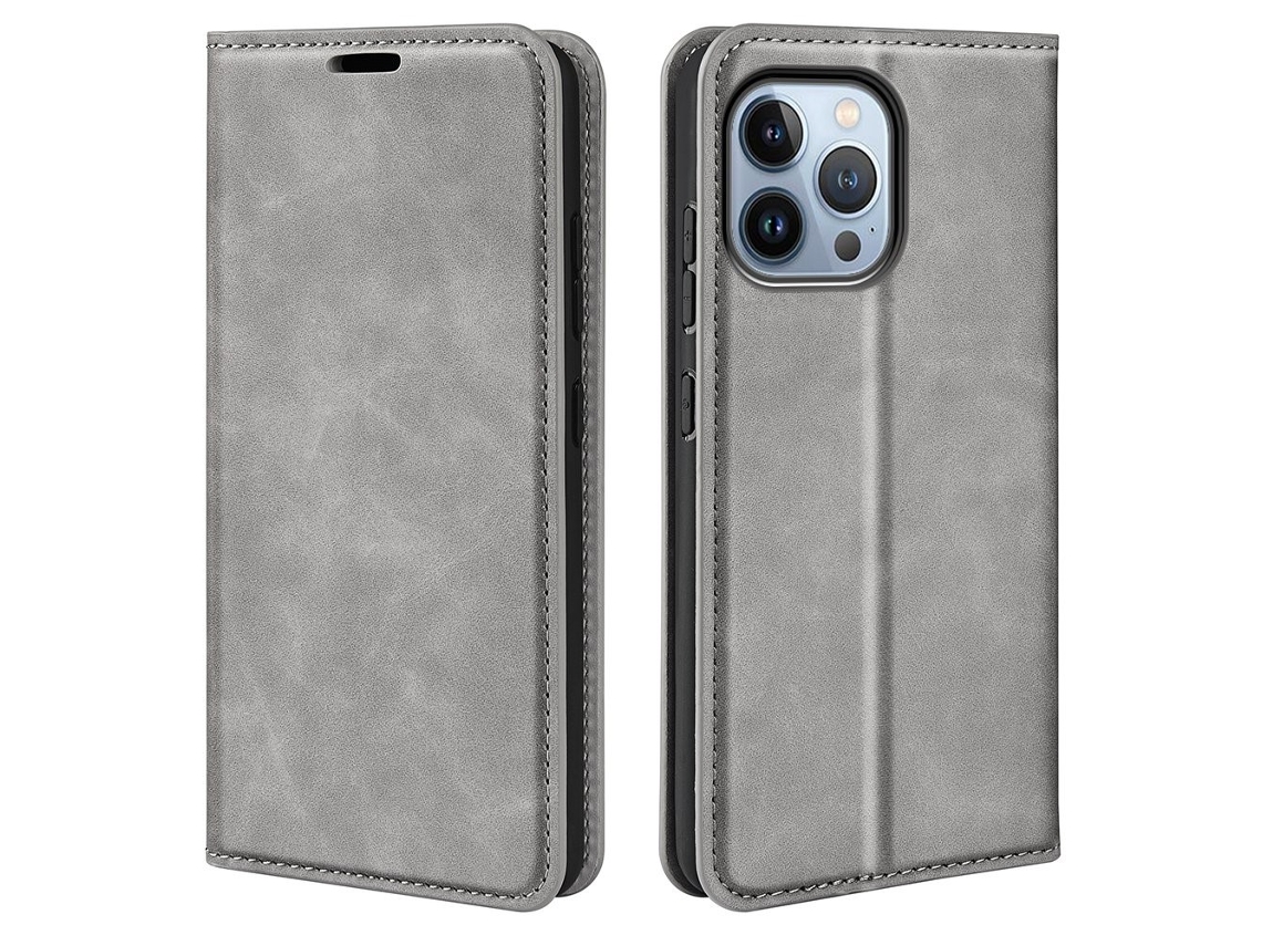 Capa Para Iphone 14 Pro Max Pele Sintética Magnética Cinzento
