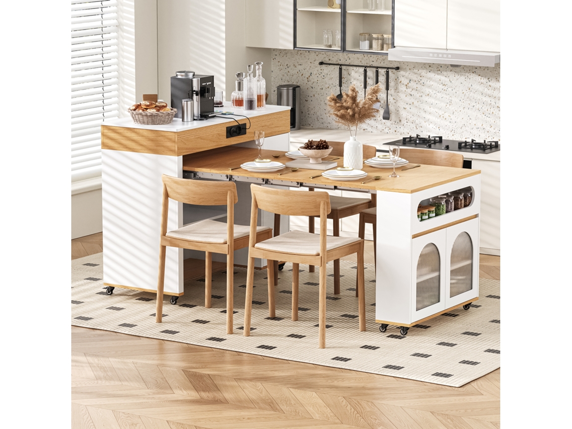 Ilha De Cozinha Com Rodas, Mesa Extensível, Credência (branco+natural) Cs