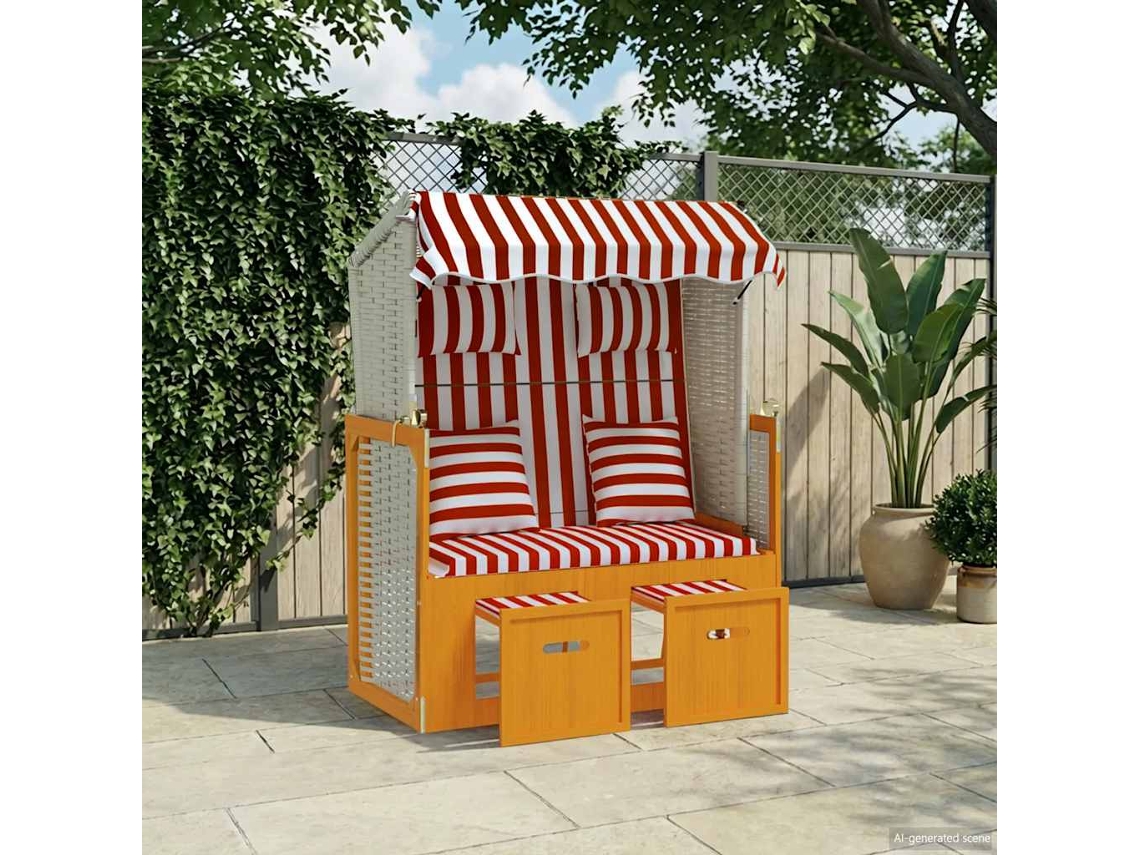 Vidaxl Strandkorb C/ Almofadões Vime Pe/madeira Maciça Vermelho/branco