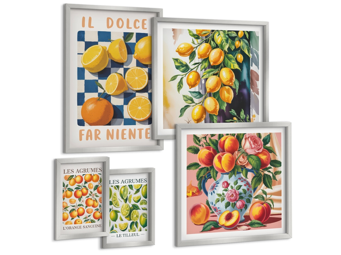 Composição De Quadros Cachoeira, Floresta, Montanhas, Veado Natureza Moldura Prateada Quadros Para A Sala De Estar Espelharte (conjunto De 5 Imagens)