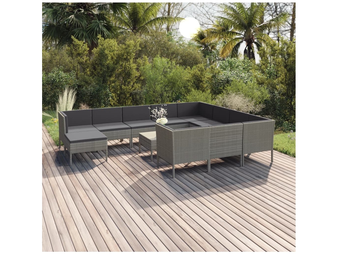 Vidaxl 12 Pcs Conjunto Lounge De Jardim C/ Almofadões Vime Pe Cinzento