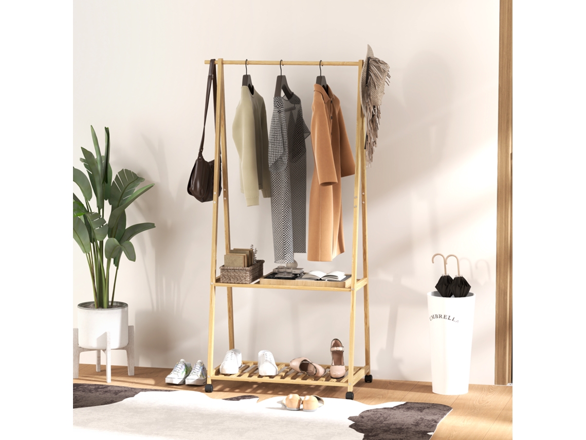 Cabideiro de Bambu Com Rodinhas, 2 Prateleiras E 2 Ganchos, Ideal para hall de entrada E quarto.