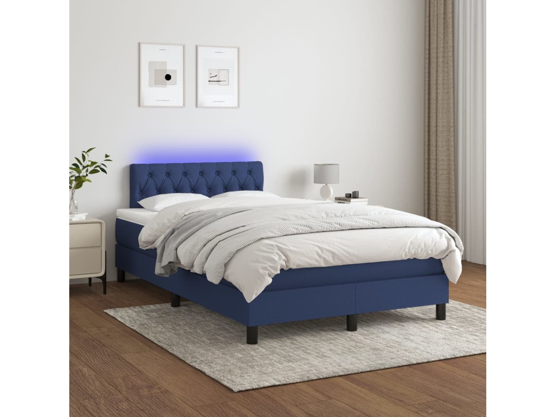 Vidaxl Cama Box Spring C/ Colchão E Led 120x200 Cm Tecido Azul